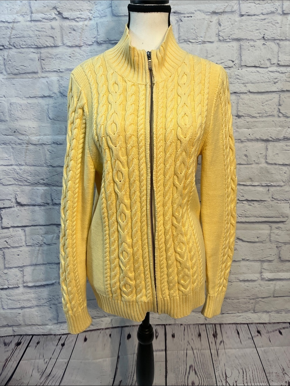 L.L. Bean Cable Knit Sweater Cardigan Full Zipper Yellow Size Medium Cotton